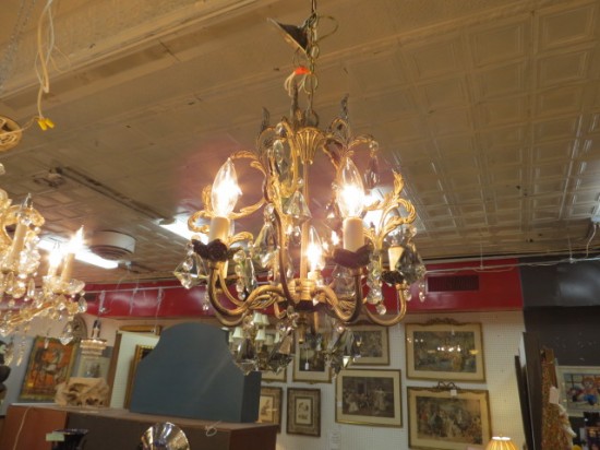 Vintage Antique Small 5 Arm Brass and Crystal Chandelier – $295