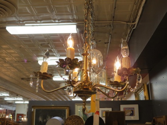 Vintage Antique 5 Arm Gold Colored Chandelier with Crystals – $165